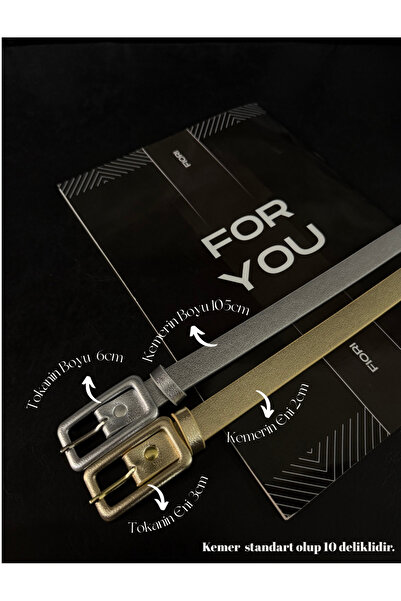 Fiori 2-Piece Rectangular Gold and Silver Plated Buckle Thin Women's Trouser Belt, Coat Belt, Shirt Belt