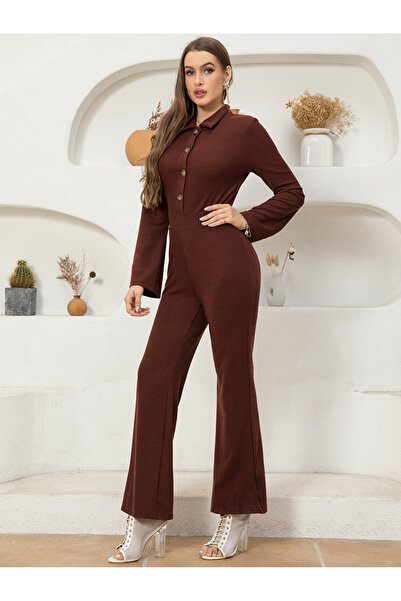 FridayIn Casual Lapel Solid color Buttons Regular sleeve Jumpsuits