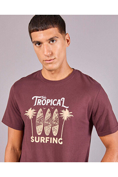 REDTAG Men Burgundy Basic Graphic T-Shirt