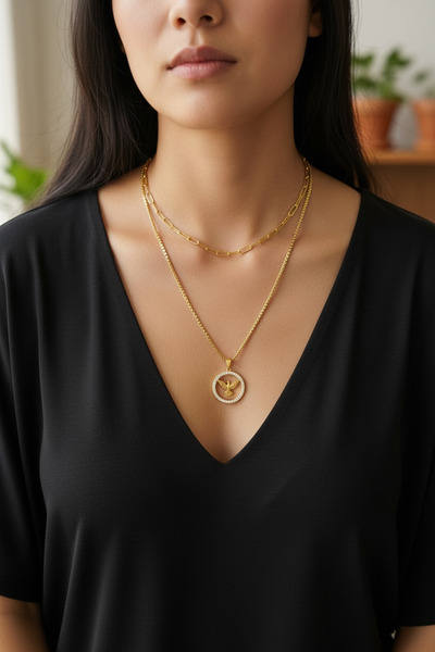 derokas Anka Model 316 L Women's Design Double Steel Necklace with Zircon Det...