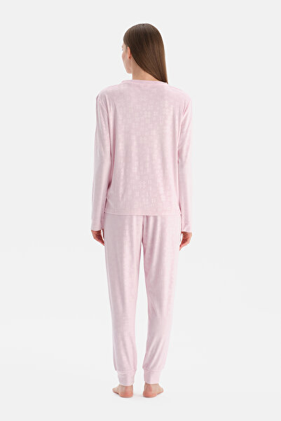 Dagi Light Pink Seersucker Snow Printed T-Shirt Pants Pajama Set
