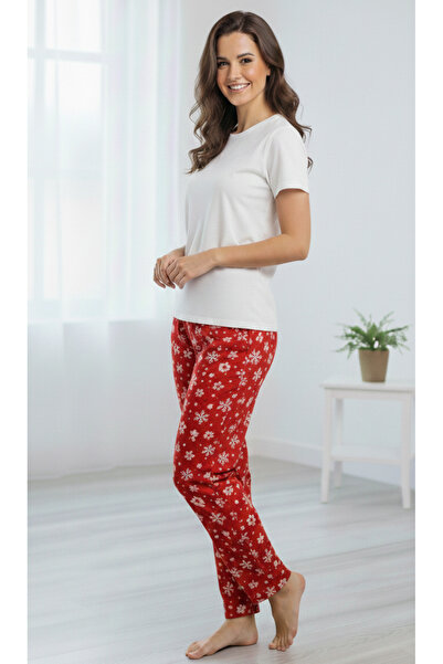 Melff Women's Cotton Suede Fabric Ribbon Waist Detailed Pocketless Women's Pajama Bottoms