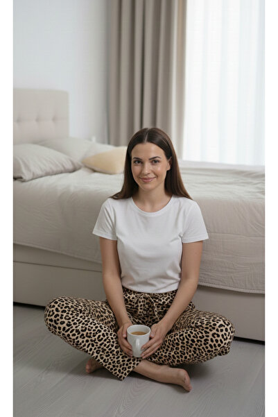 Melff Women's Cotton Suede Fabric Ribbon Waist Detailed Pocketless Women's Pajama Bottoms