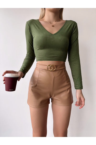 MELA ROSSA Women's Khaki V-Neck Soft Fabric Crop Blouse