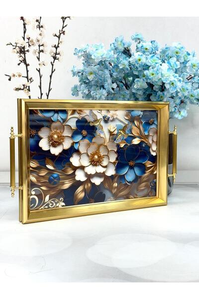 Kosova Dikdörtgen Lüx Tepsi Mavi-Beyaz Güllü 45/31 Cm TKEBT TEK RENK