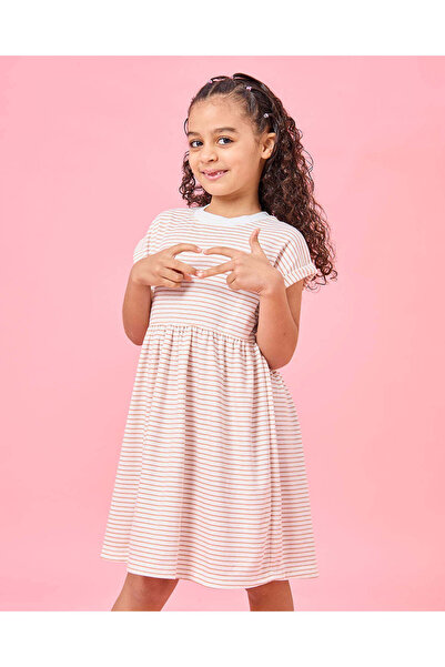 REDTAG فستان بناتي مخطط باللونين الأبيض والوردي