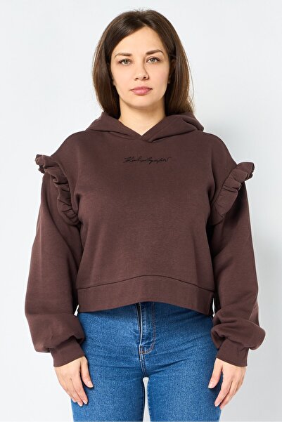 Karl Lagerfeld هودي نسائي بأكمام طويلة وشعار مطرز، بني غامق