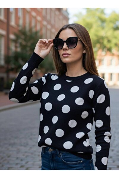 YusGos Women's Crew Neck Steel Mesh Polka Dot High Quality Knitwear Sweater