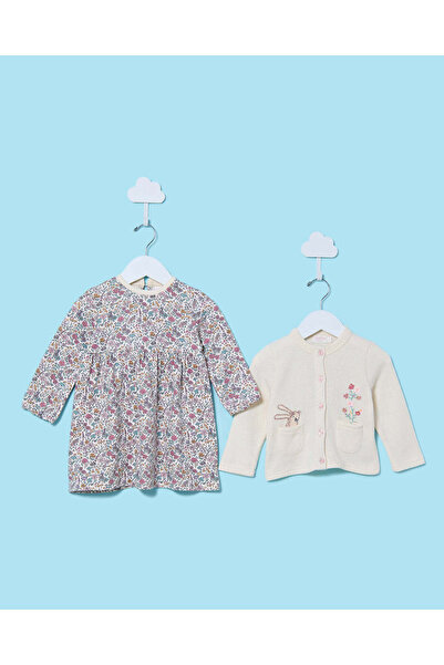 REDTAG فستان عاجي مطبوع بالكامل مع كارديجان للبنات الرضع (قطعتان)