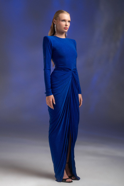 Gira Saks Mavi Taşlı Büzgülü Uzun Elbise