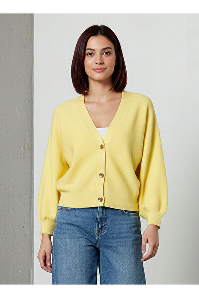 FAV Ribbed Long Puff Sleeves V-neck Cardigan