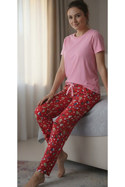 Melff Women's Cotton Suede Fabric Ribbon Waist Detailed Pocketless Women's Pajama Bottoms