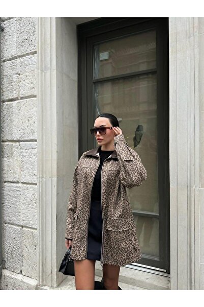 Ecenin Favorileri oversized Αγοράστε ένα νούμερο μικρότερο Δερμάτινο λεπτομερές λεπτό γυναικείο παλτό με λεοπάρ σχέδιο χωρίς επένδυση