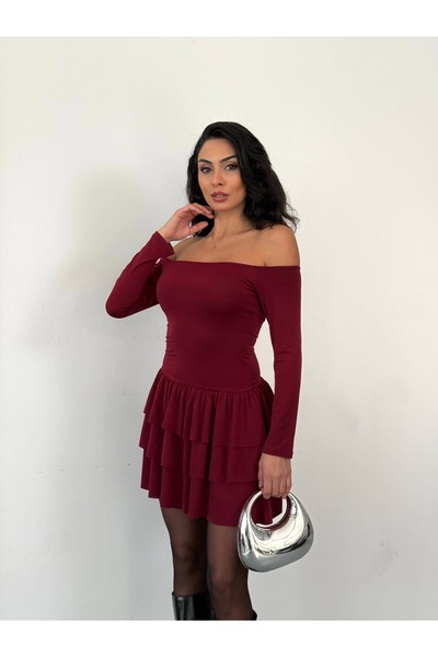 DAİSİES Women's Clothing Burgundy Color Boat Neck Detailed Skirt Layered Ruffles Sandy Fabric Mini Dress.