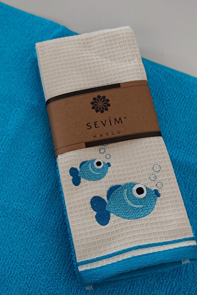 Sevim 2 Πετσέτες Κουζίνας Κεντημένες - 100% Βαμβάκι με σχέδιο ψαριού - 40x60 εκ. - Μπλε