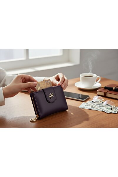 Nas Women's Zippered Snap-On Coin Compartment Black Wallet Card Holder Standard Purple