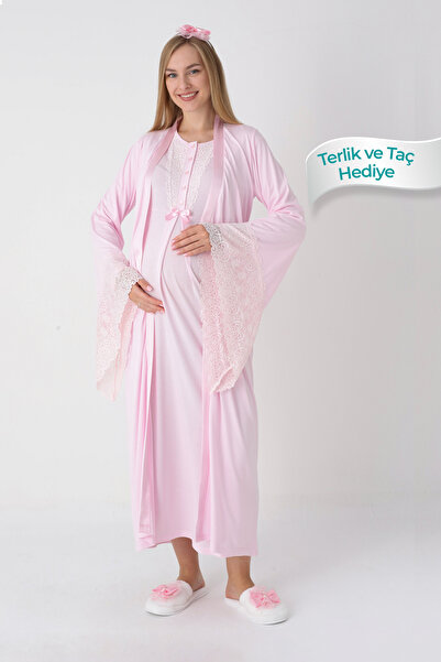 ERDENİZ TEKSTİL Lace Detailed Viscose Fabric Maternity Nightgown and Robe Set of 2 - Includes Slippers and Crown as a Gift