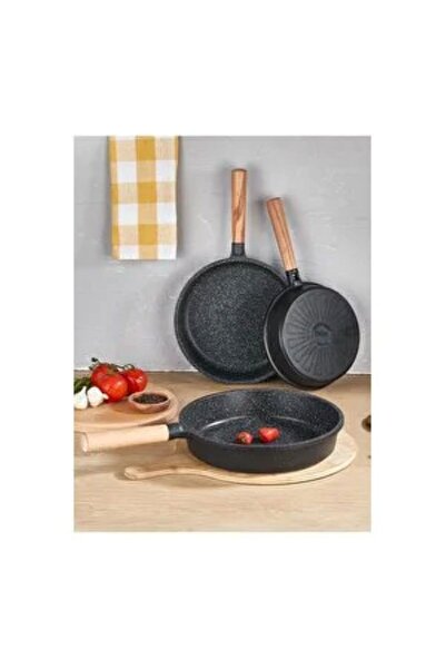 Leony 3-Piece Cast Granite Pan Set with Wooden Handle, Can Be Used in the Oven Without the Handle, 20-24-28 cm