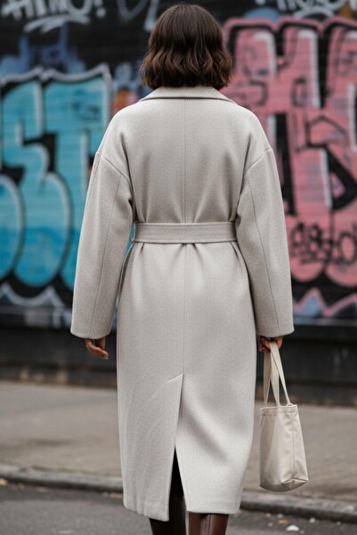 Mossta Women's Belted Long Coat – Light Gray Soft Textured Herringbone Pattern