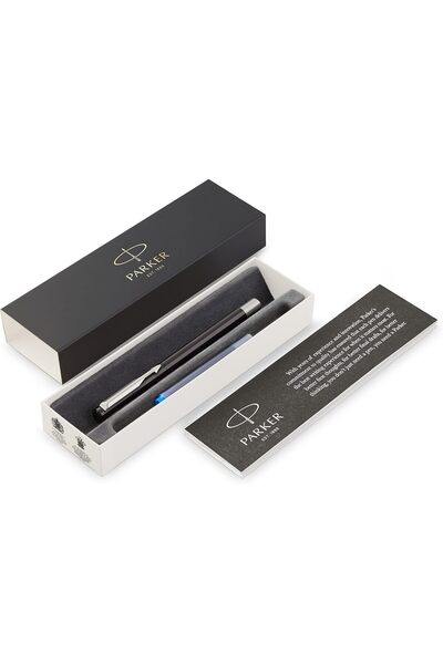 Parker Vector Fountain Pen - Black with Chrome Trim, Medium Nib, Blue Ink, Gift Box