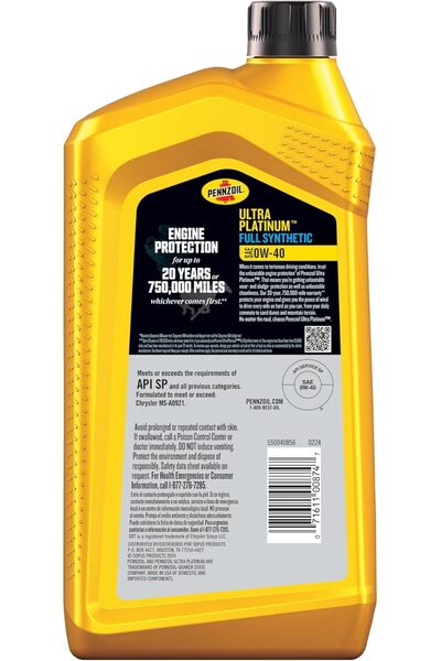 PENNZOIL Ultra Platinum Full Synthetic 0W-40 Engine Oil (1 Quart, 1 Count) (550040856)