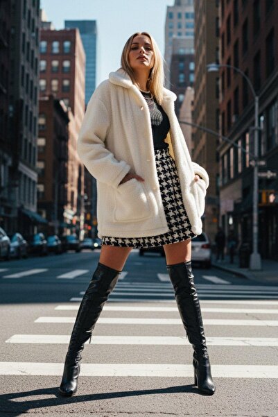 Mossta Plush Hooded Long Coat – Ecru Oversized