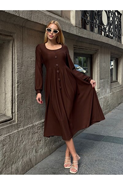 CARLA MARA Ottoman Fabric Button Detail Dress Brown