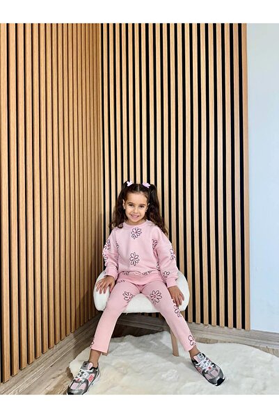 Magu Girl's Cotton Pink Floral Printed Sweatshirt Leggings Set