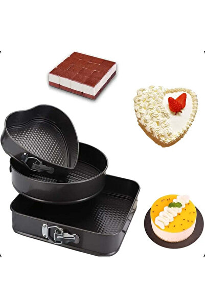 dealshopromania Set of 3 non-stick teflon-coated cake trays, round, heart, sq...