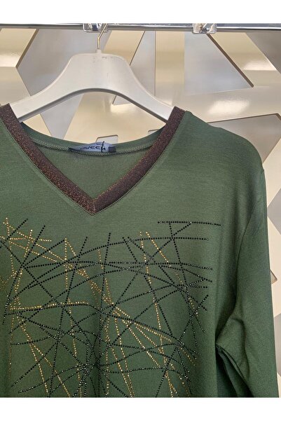 günay boutıque Blouse with Collar Detail and Stones on the Front - Khaki