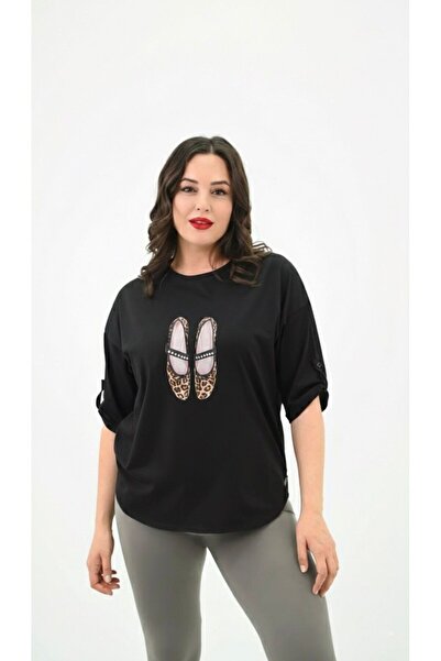 Koza Butik Women's Plus Size Stone Embroidered Print Pattern Oval Cut T-Shirt 1927-25
