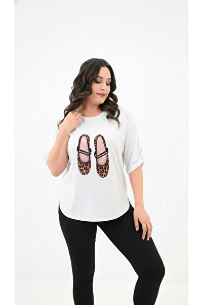 Koza Butik Women's Plus Size Stone Embroidered Print Pattern Oval Cut T-Shirt 1927-25