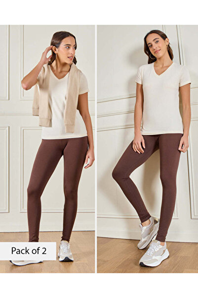 REDTAG Women Brown Solid Leggings (Pack of 2)