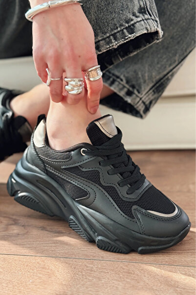 Zerenyus ZRİN-149 Pantofi de damă premium, negru, platină, cu șireturi, cu plasă