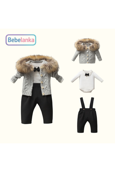 Nipperland Baby Boy 100% Cotton Fur Collar Cardigan Bow Tie Bodysuit Pants 3-...