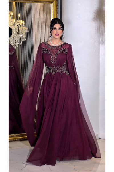 NHMODA Tül Kumaş, Transparan Kol, İşleme detaylı Kloş Abiye