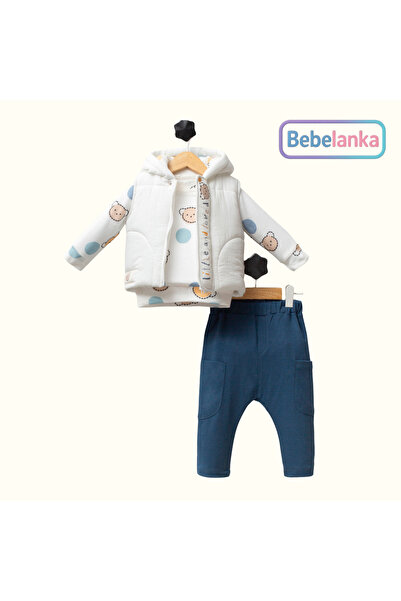Hippıl Baby Erkek Çocuk Ayıcık Desenli Kapüşonlu Yelek, Sweatshirt ve Pantolon 3'lü Kışlık Takım 680976