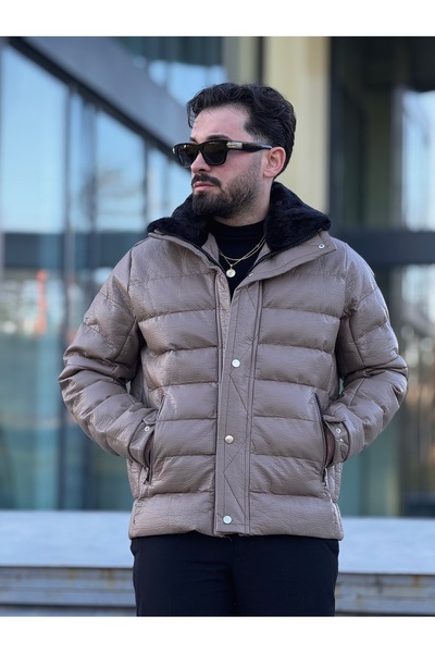 RHONES Men's Leather Coat with Fur Collar