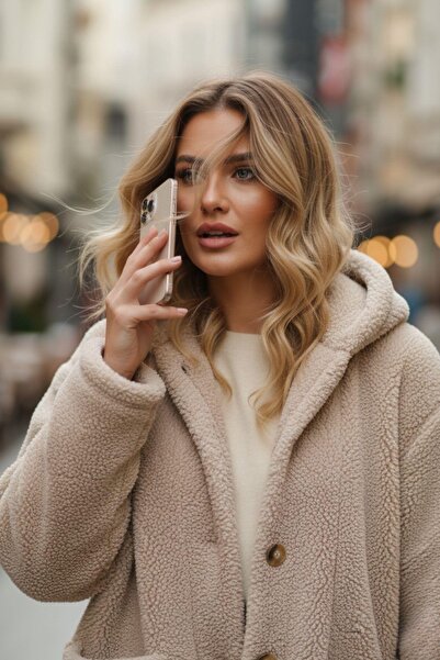 Mossta Buttoned Hooded Plush Coat – Beige Oversized