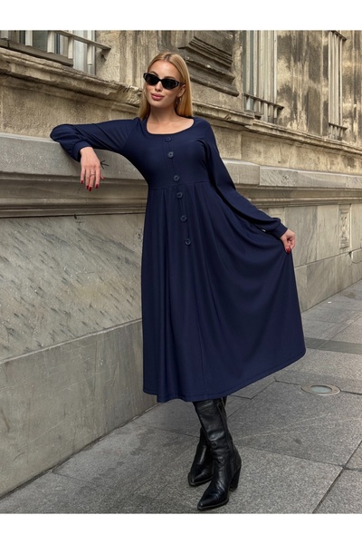 CARLA MARA Ottoman Fabric Button Detail Dress Navy Blue