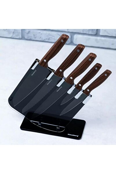 Kinghoff Set of 5 knives, with black stand, wooden handle, Klausberg