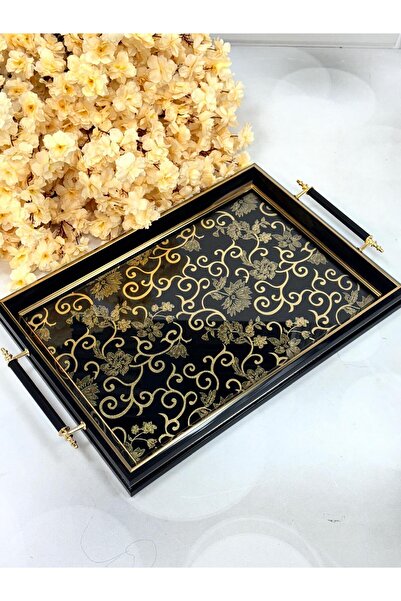 Kosova Dikdörtgen Lüx Tepsi Sarmaşık Çiçeli Gold 45/31 Cm TKEBT TEK RENK