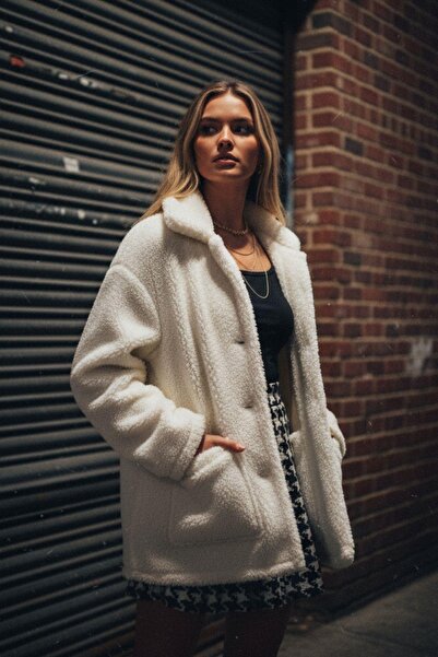 Mossta Women's Hooded Plush Teddy Coat – Ecru Buttoned