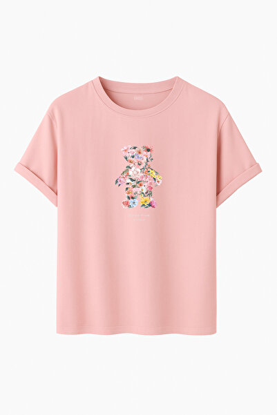 DK DAKSEL Urs cu model de flori cu imprimeu Confortabil basic Model tricou Unisex