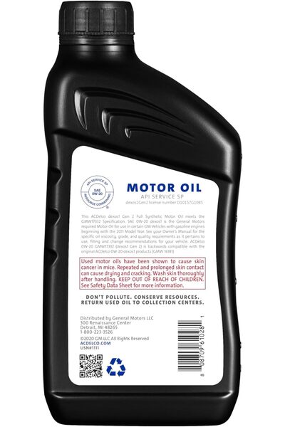 ACDELCO Full Synthetic Engine Oil 0W-20, 1 L (Dexos1 Gen2 OEM 10-9236)