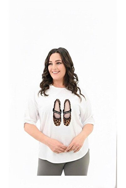 Koza Butik Women's Plus Size Stone Embroidered Print Pattern Oval Cut T-Shirt 1927-25