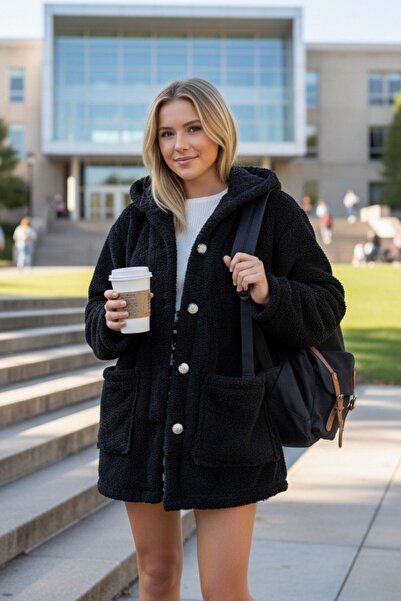 Mossta Women's Long Plush Coat – Black Pocket Model