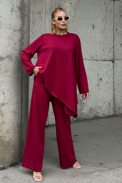 CARLA MARA Comfortable Fit Asymmetrical Blouse and Pants Modal Fabric Set Burgundy