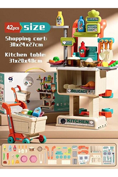 Generic 2 In 1 Supermarket Shopping Cart Toys,Mini Play House Set Simulation Toys with Food and Kitchenware