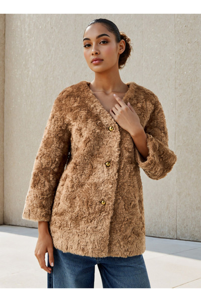 FAV Faux Sherling Fur Coat with V-neck and Button Closure